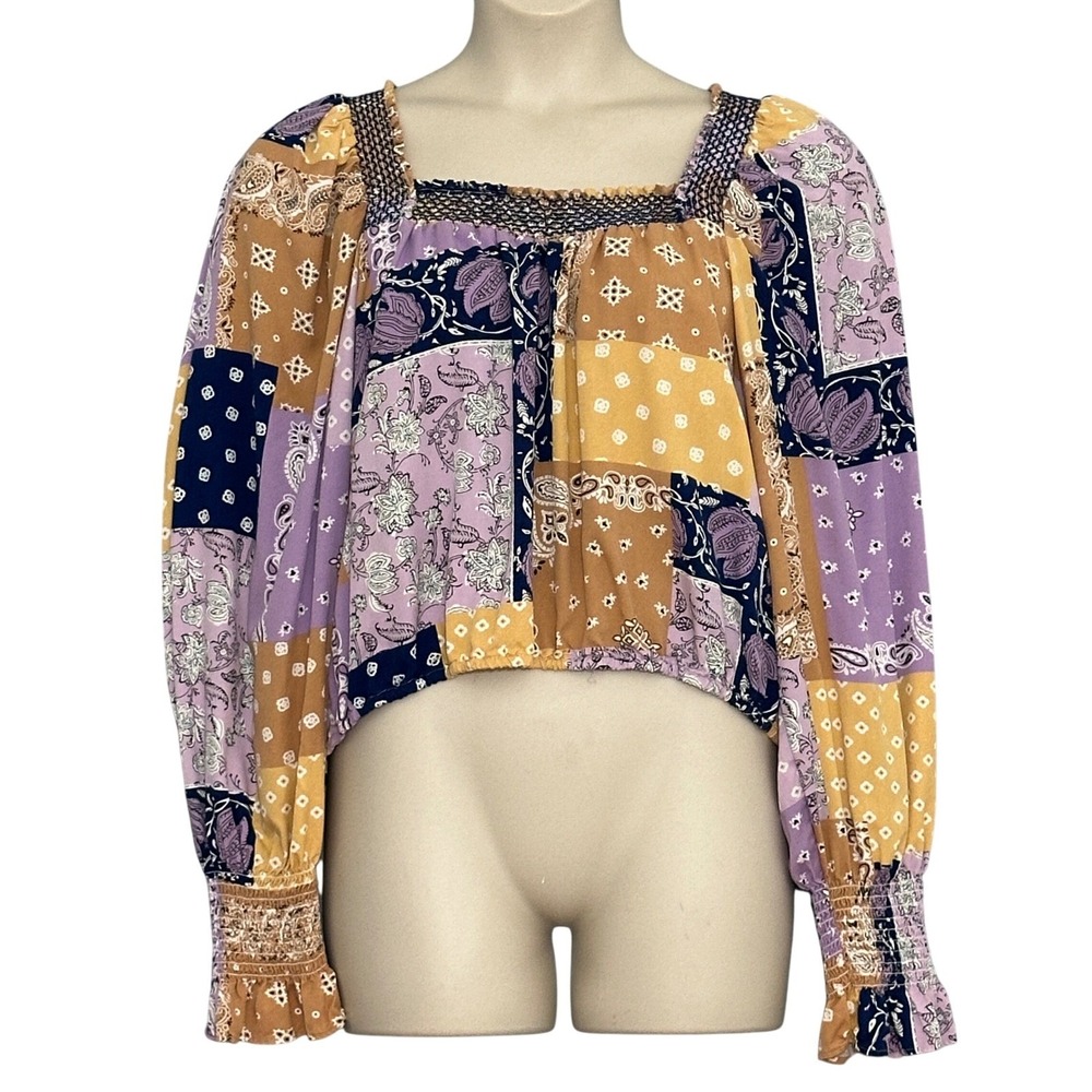 Wrangler Retro Womens Top XL Purple Patchwork Smocked Crop Boho Country Western